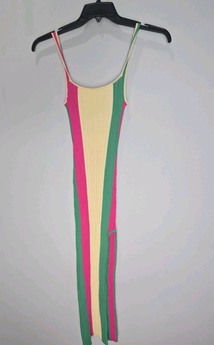 PQ Swim XS S Cosmic Pink Emerald Bay Stripe Rib Knit Midi Piper Slit Dress